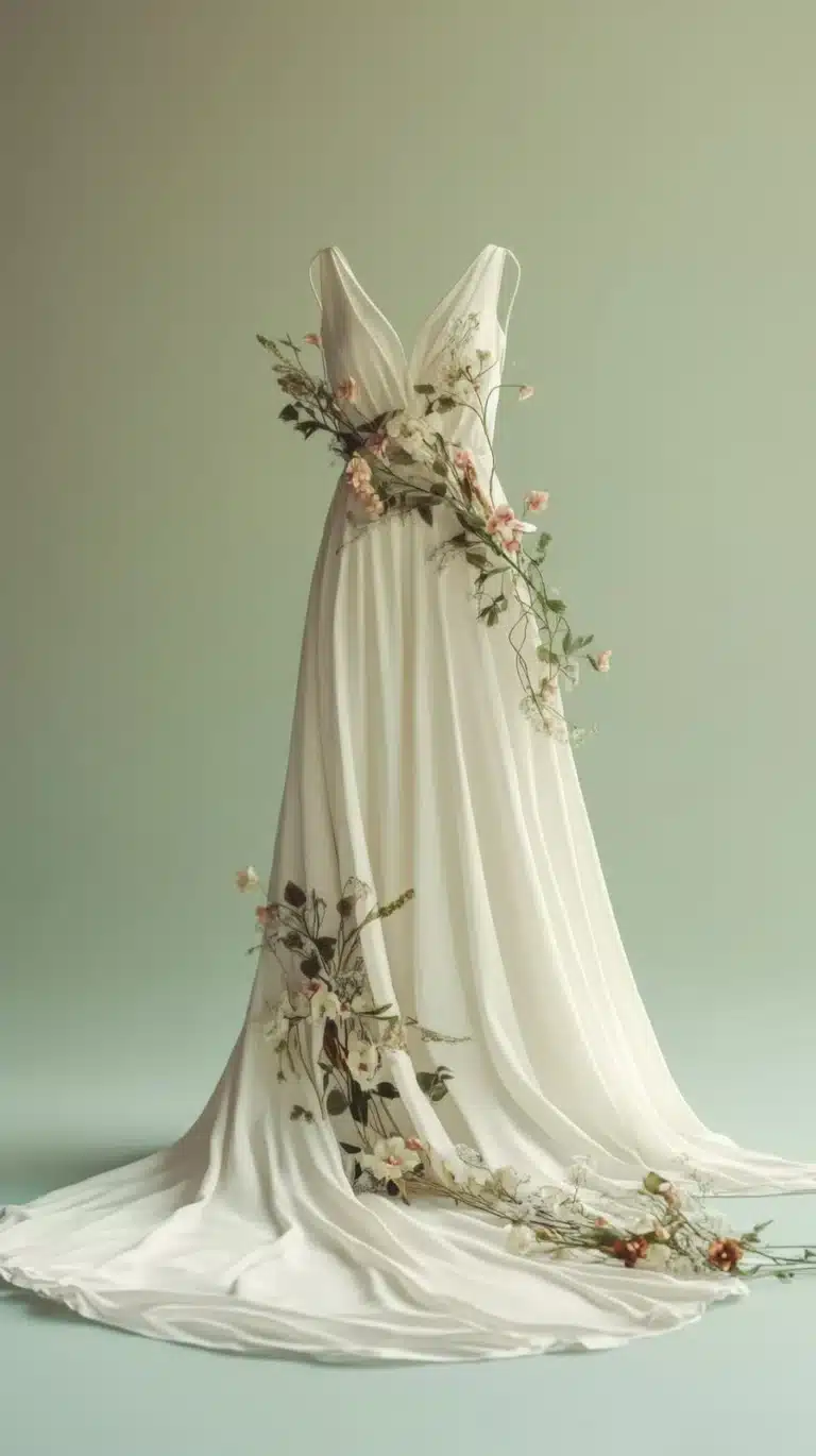 Elegant wedding dress with floral details on plain background