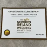 Outstanding Achievement certificate from the Northern Ireland Wedding Awards 2026 (10th Edition, Oceanic Award) awarded to Pearls & Whirls Bridal Boutique