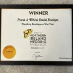 Framed winner certificate from the 9th Northern Ireland Wedding Awards 2025 (Oceanic Award) awarded to Pearls & Whirls Bridal Boutique for Wedding Boutique of the Year